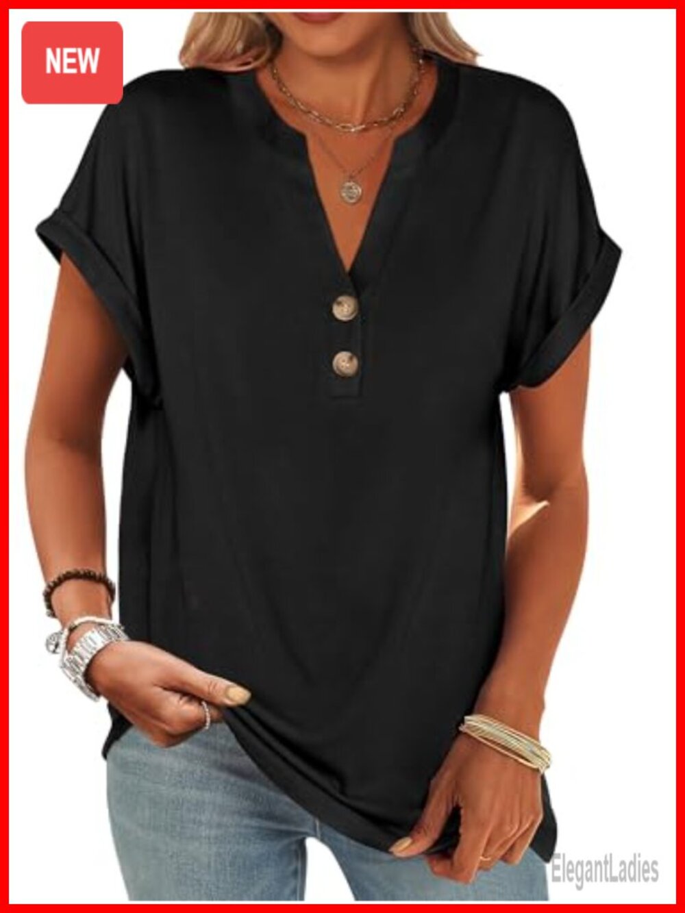 Womens Henley V-Neck Short Sleeve Loose Fit Tunic Top Casual Summer Blouse
